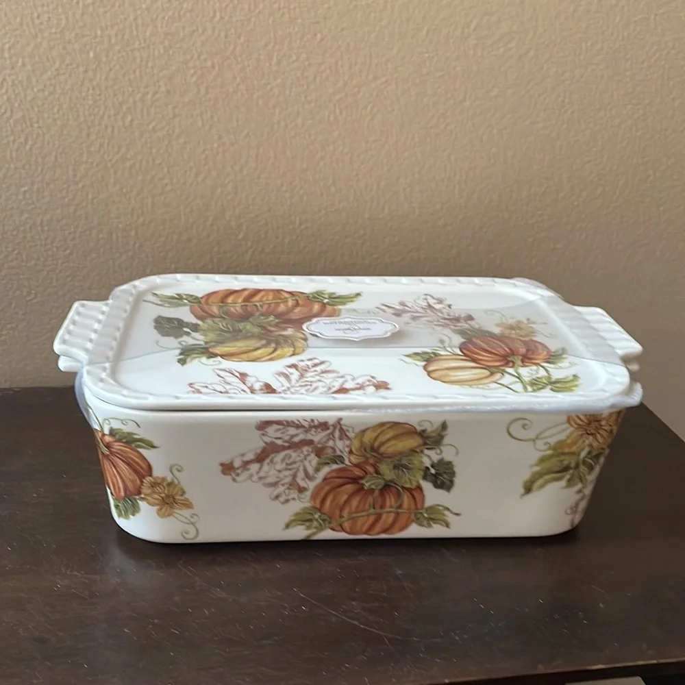 Grace Pantry Pumpkins Rectangular Porcelain Casserole Baking Dish & Lid New - Picture 2 of 4